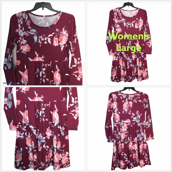 Dresses & Skirts - Women's L Large 12 - 14 Dress Flowers Rose Crewneck 2 Pockets Long Sleeve NWOT